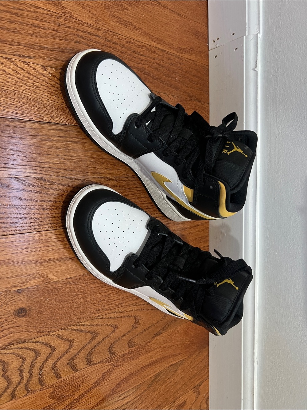 Nike Kids Black White Gold High-Top Sneakers with Gold Swoosh